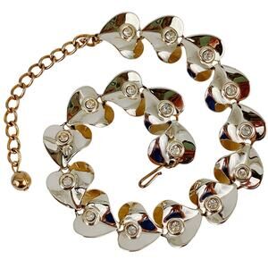 Vintage Mid Century Gold Tone Heart Rhinestone Choker Necklace 1950s
